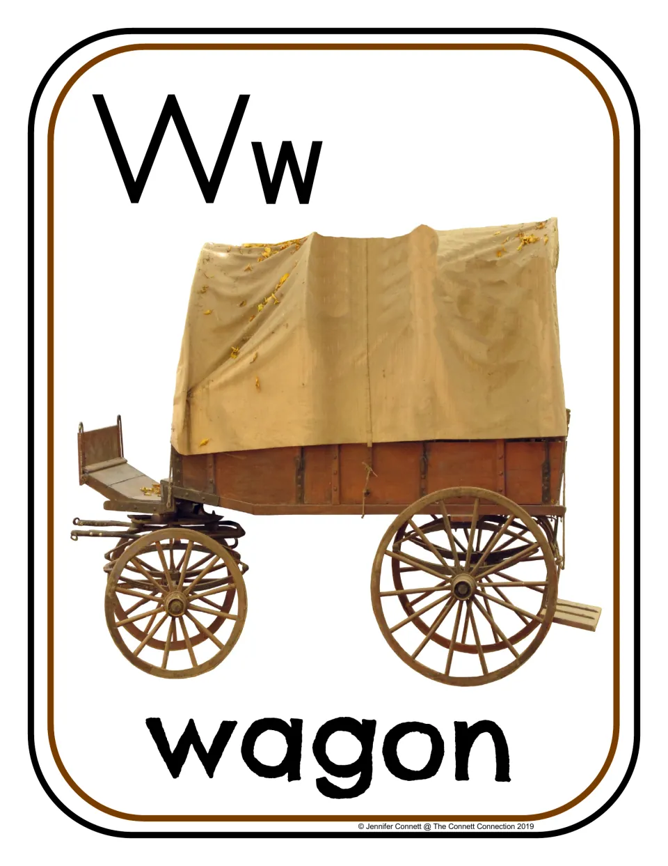 Letter W phonics poster/card 2 of 16, showing uppercase W, lowercase w, and a photograph labeled "wagon"