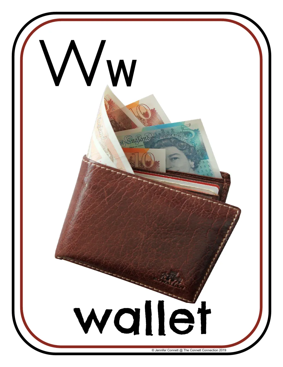 Letter W phonics poster/card 3 of 16, showing uppercase W, lowercase w, and a photograph labeled "wallet"
