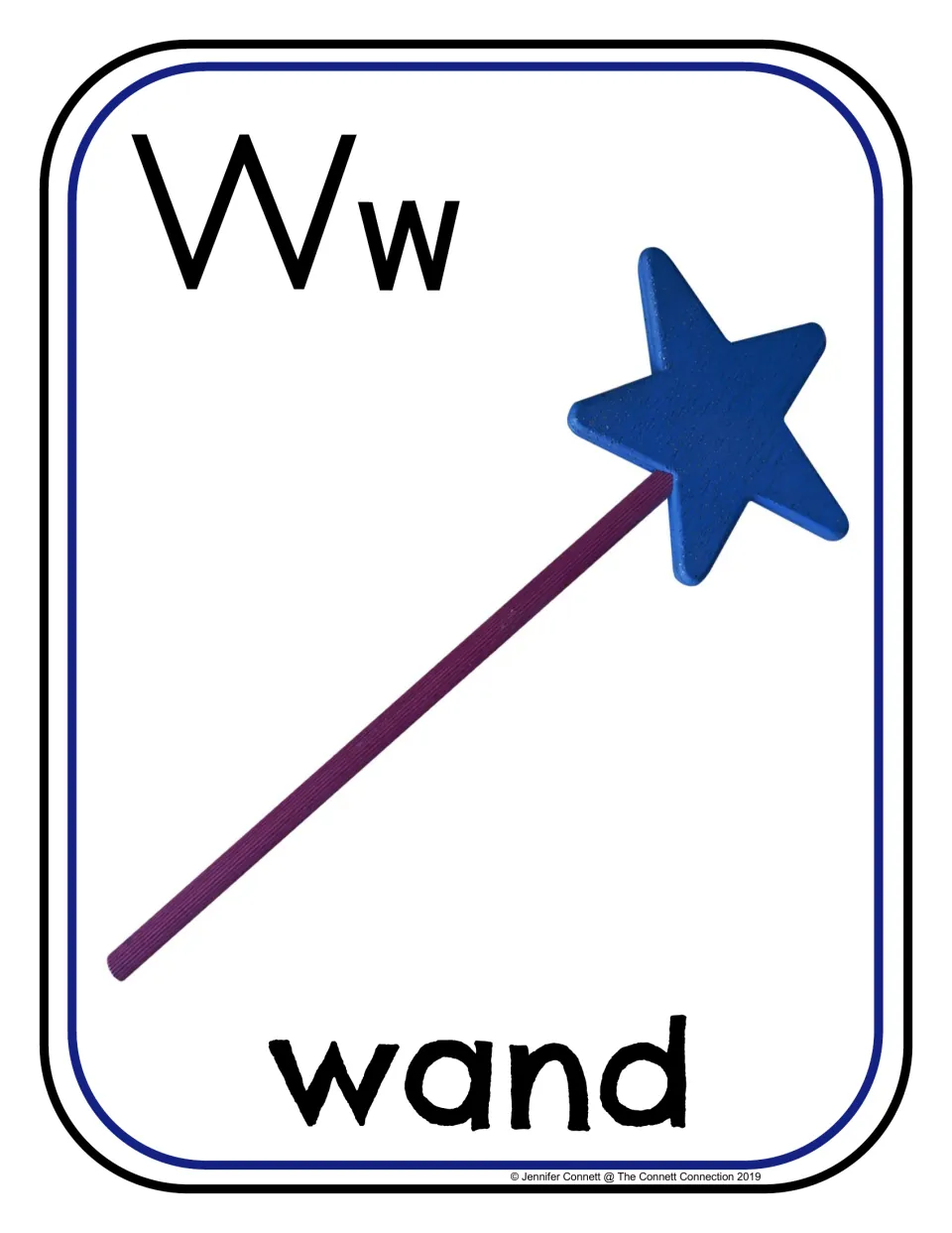 Letter W phonics poster/card 4 of 16, showing uppercase W, lowercase w, and a photograph labeled "wand"