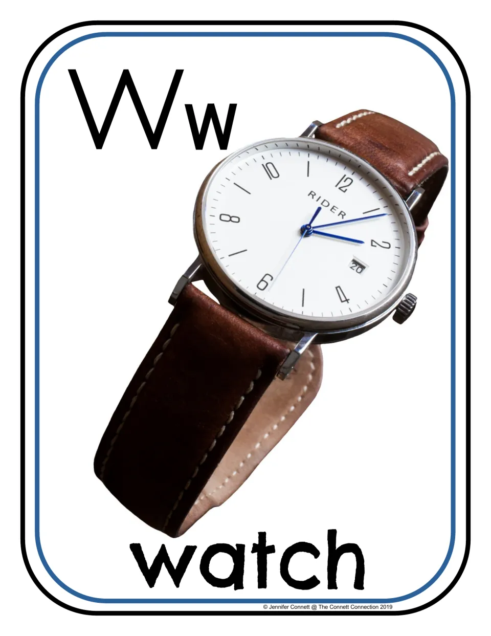 Letter W phonics poster/card 5 of 16, showing uppercase W, lowercase w, and a photograph labeled "watch"