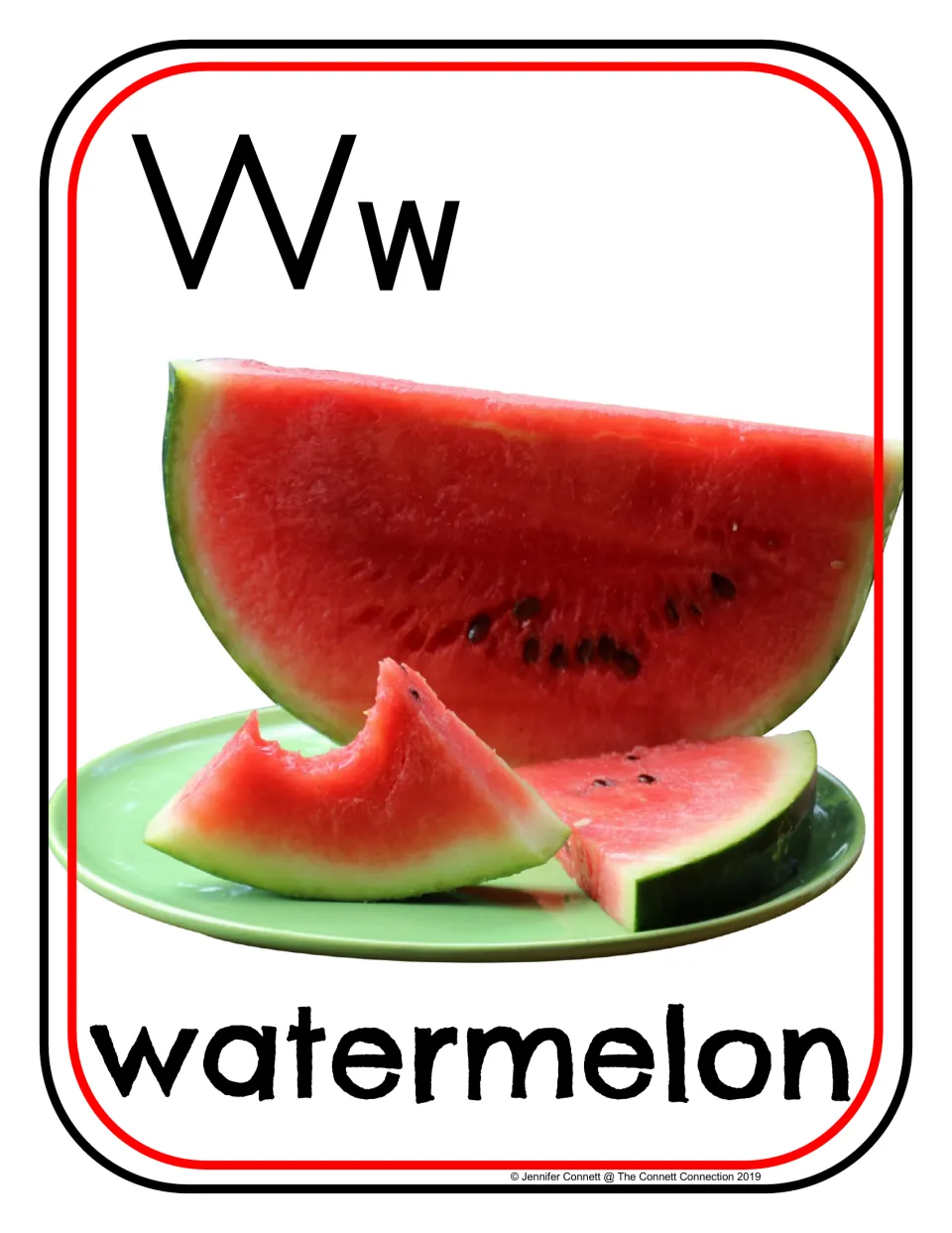 Letter W phonics poster/card 6 of 16, showing uppercase W, lowercase w, and a photograph labeled "watermelon"
