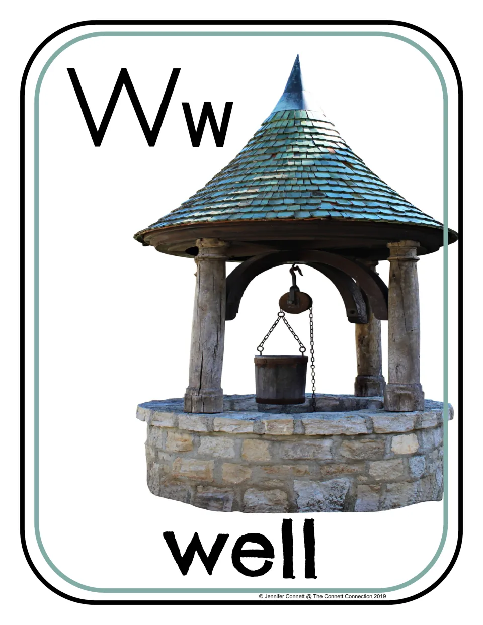 Letter W phonics poster/card 7 of 16, showing uppercase W, lowercase w, and a photograph labeled "well"