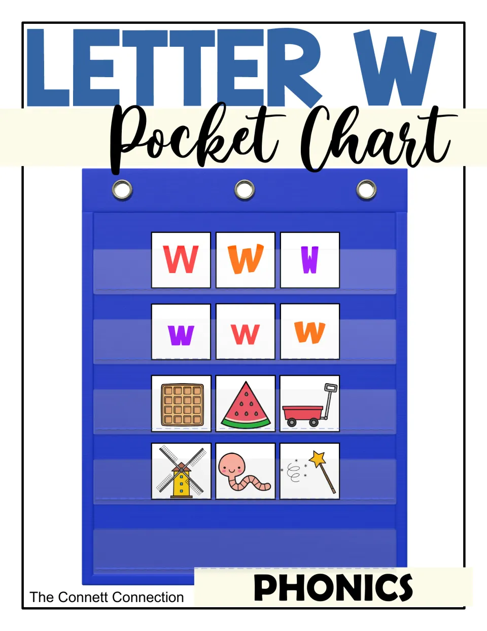 Letter W phonics cover: pocket chart holding W and w letter cards plus waffle, watermelon, wagon, windmill, worm and wand
