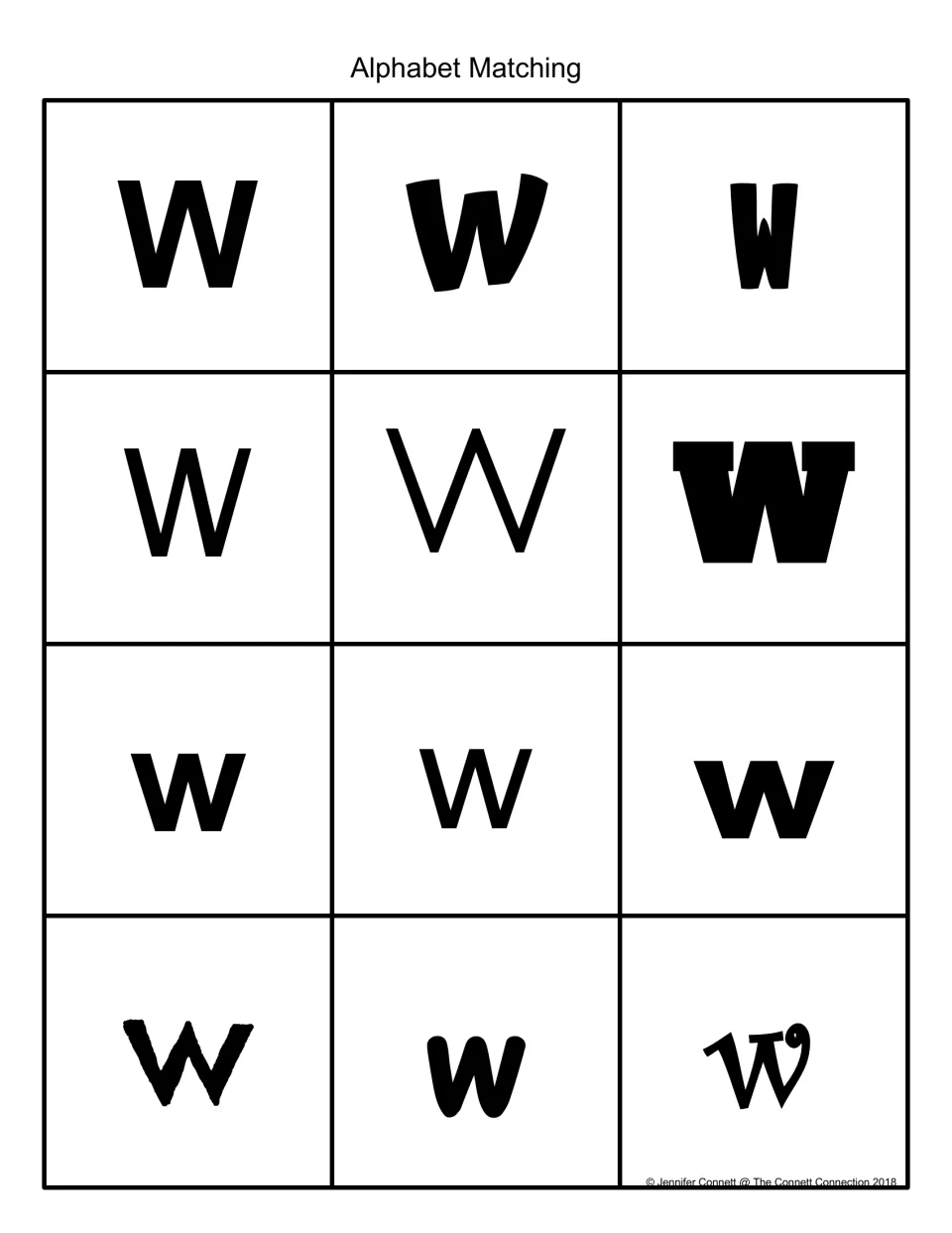 Alphabet Matching: 12 black-and-white cards showing uppercase W and lowercase w in varied fonts for letter recognition