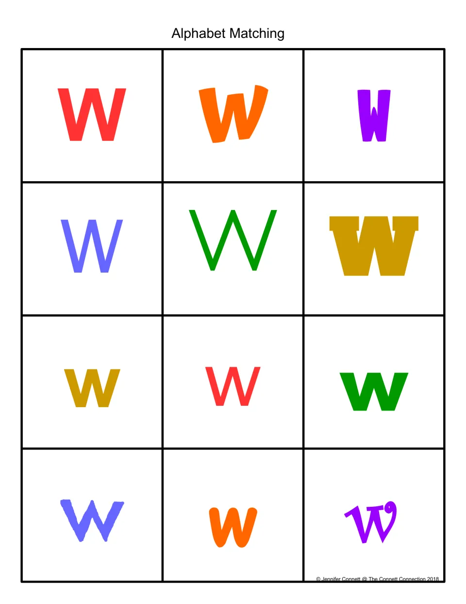 Alphabet Matching in color: 12 cards of uppercase W and lowercase w in varied fonts for matching capital to lowercase