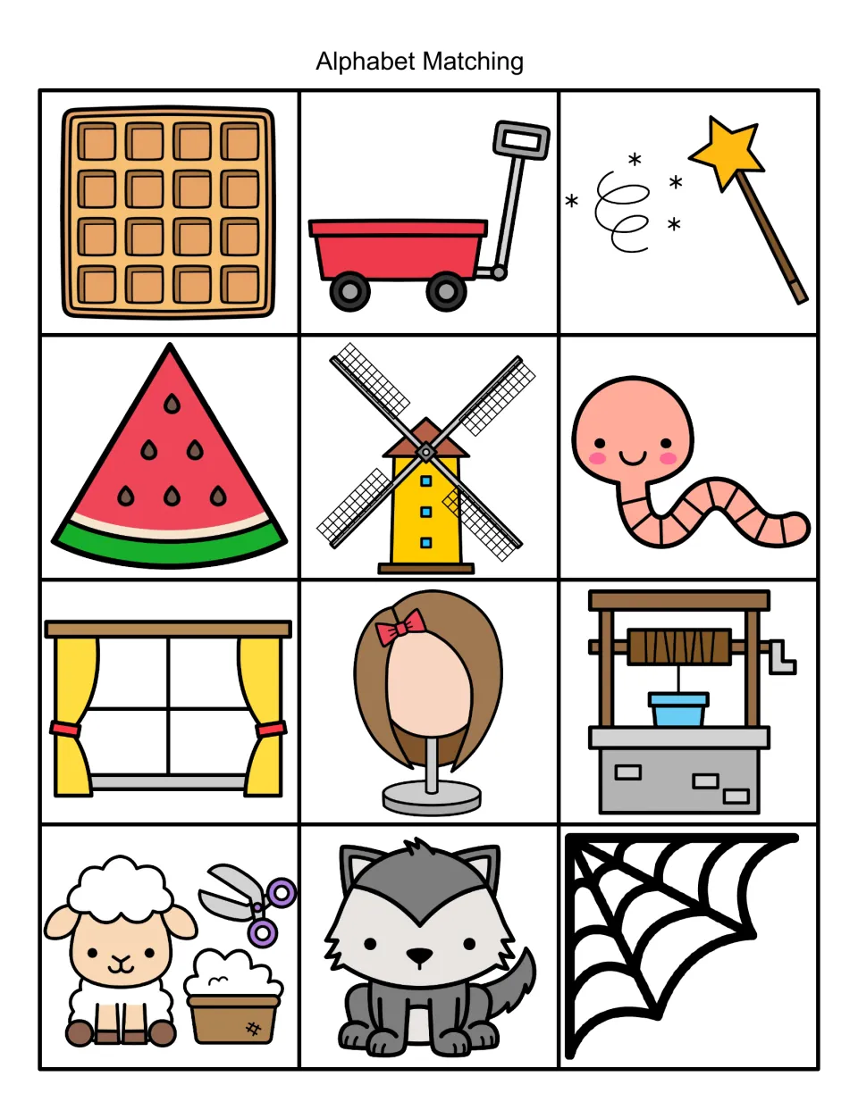 Beginning sound W picture cards: waffle, wagon, wand, watermelon, windmill, worm, window, wig, well, wool, wolf and web