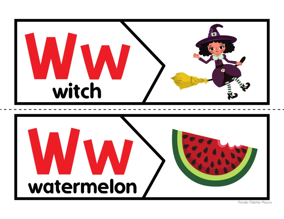 Letter W beginning sound: two 2-piece puzzles match Ww and the words witch and watermelon to their pictures