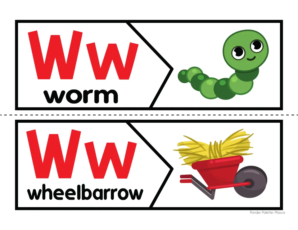 W sound puzzles: students join each Ww letter piece labeled worm or wheelbarrow to its matching picture piece