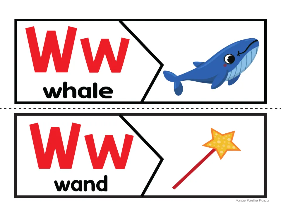 Ww picture puzzles for whale and wand: students fit each letter-and-word half to its picture half
