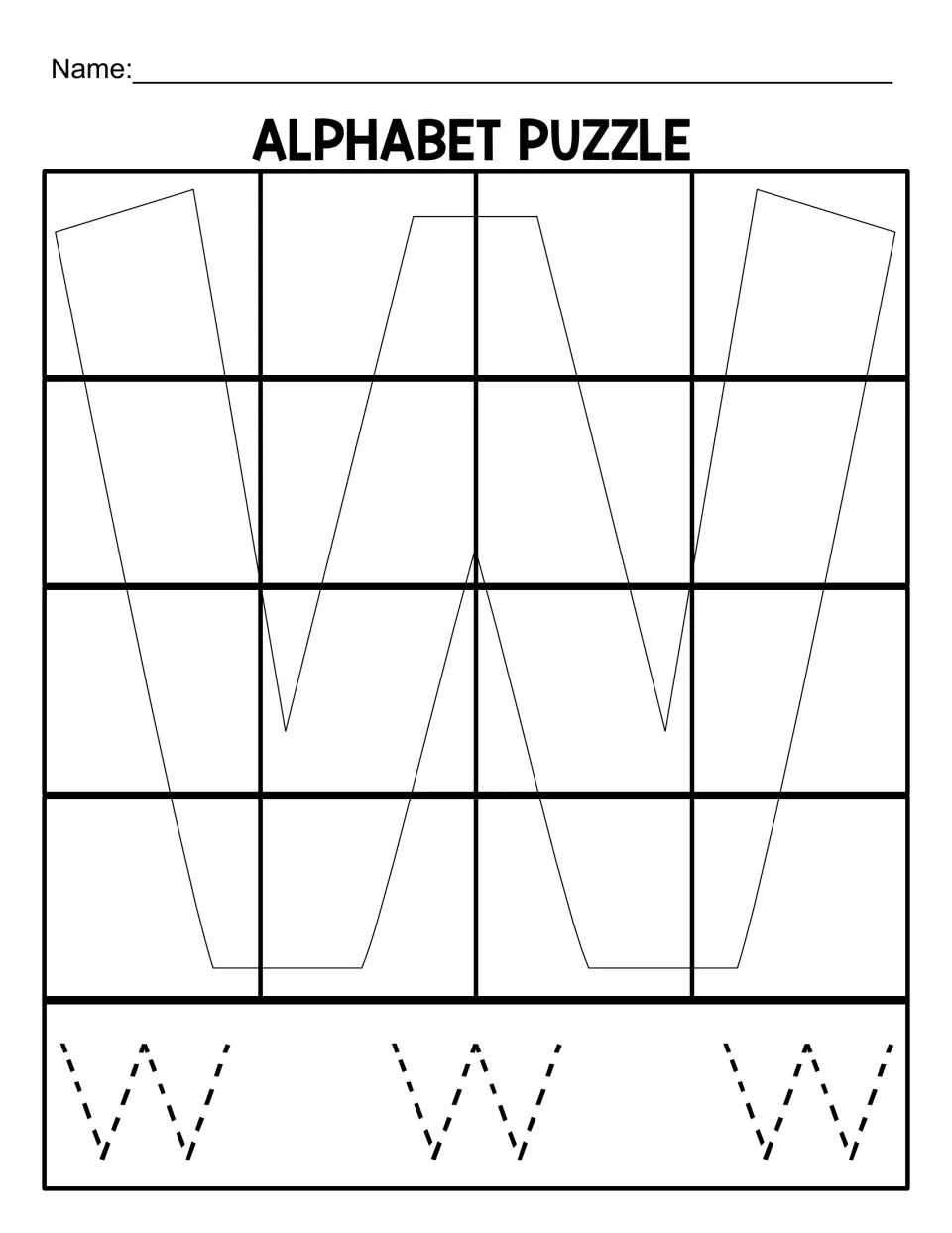 Uppercase W puzzle mat for matching 16 cut-out pieces, with three large dotted W letters to trace below