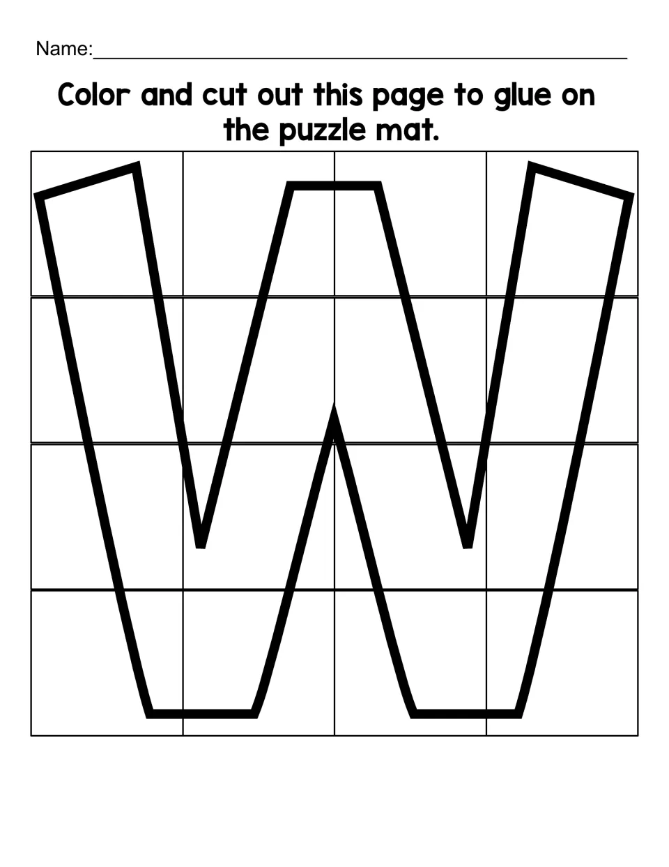 Uppercase W cut-out sheet with 16 puzzle pieces to color, cut apart, and glue onto the matching puzzle mat
