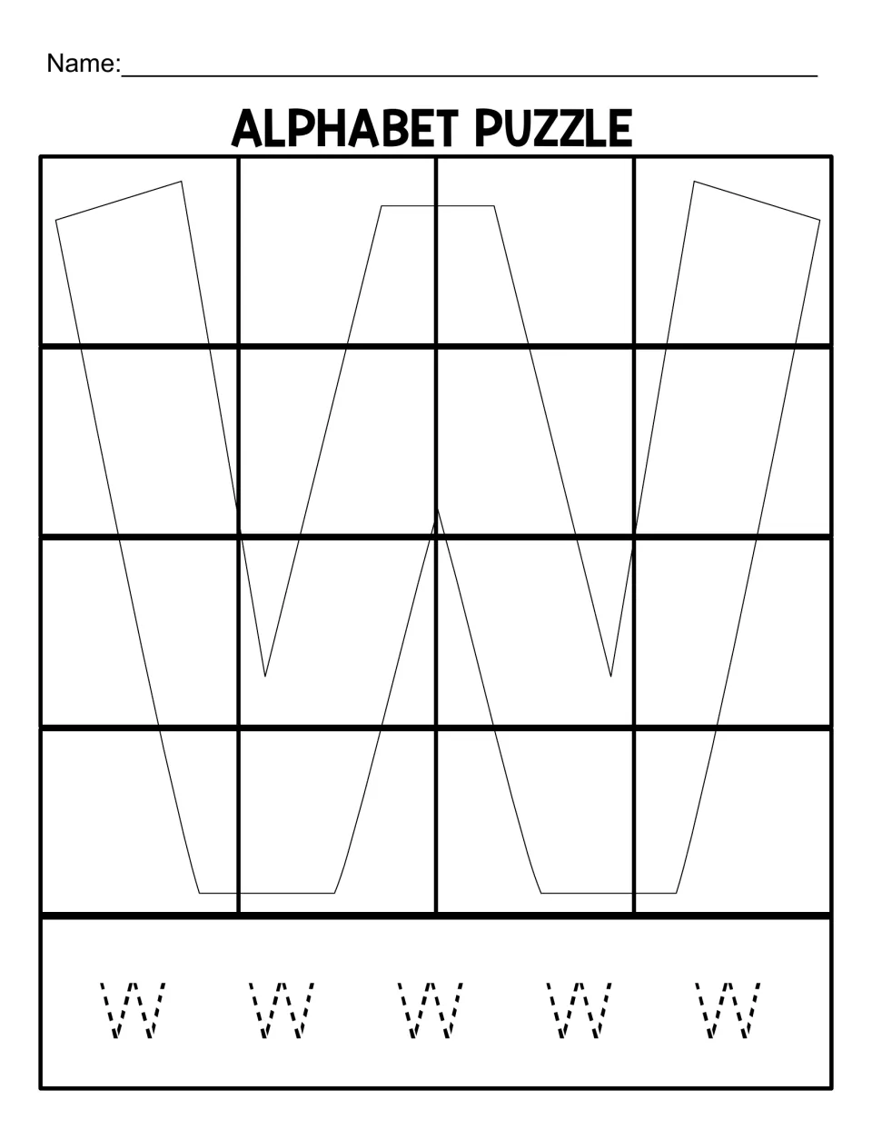 Lowercase w puzzle mat for matching 16 cut-out pieces, with five small dotted w letters to trace below