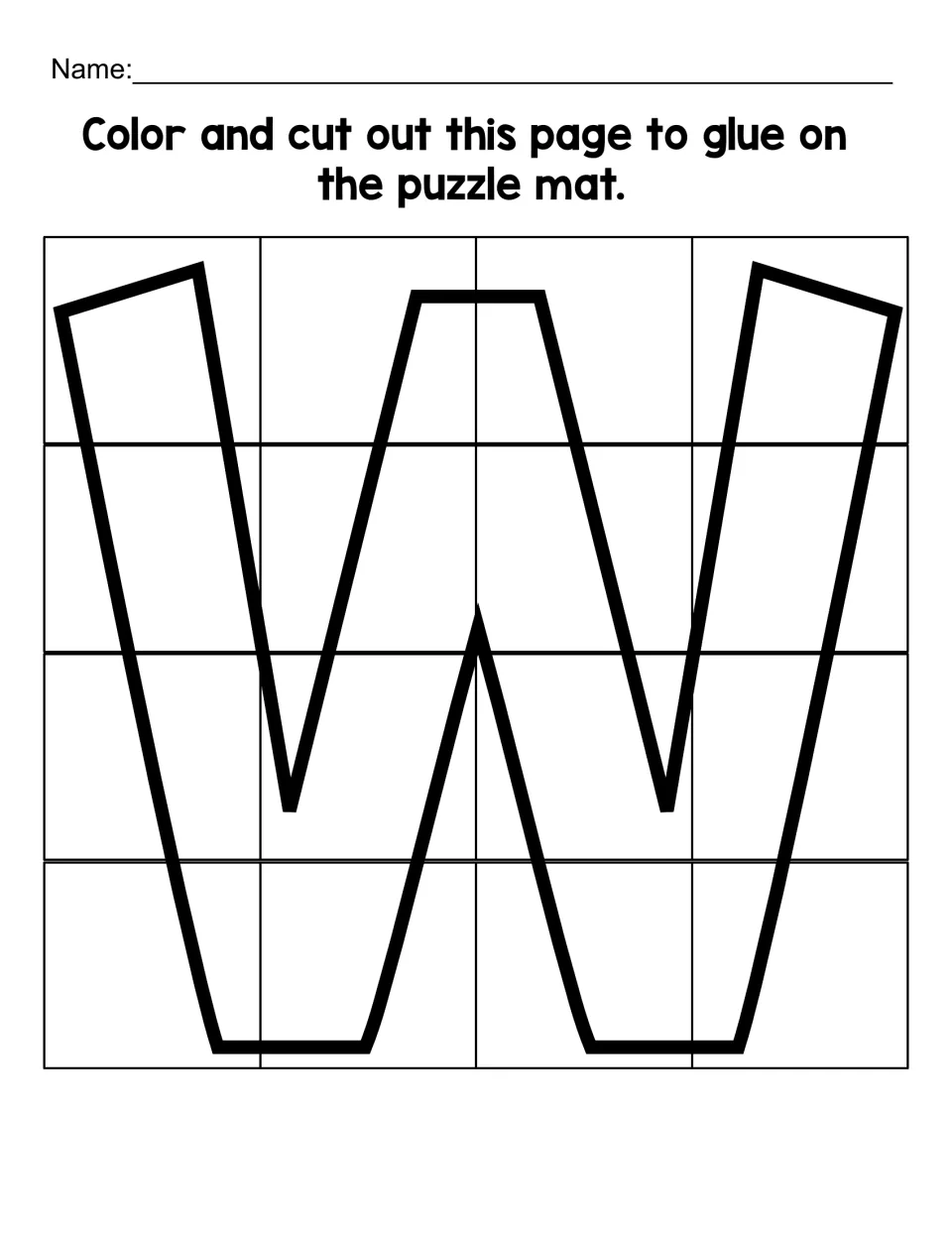 Lowercase w cut-out sheet with 16 puzzle pieces to color, cut apart, and glue onto the matching puzzle mat