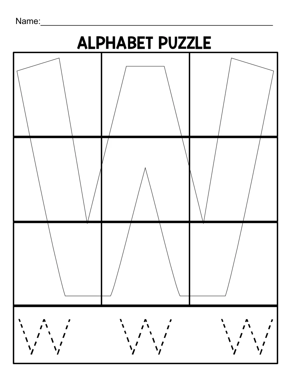 Uppercase W puzzle mat for matching nine cut-out pieces, with three large dotted W letters to trace below