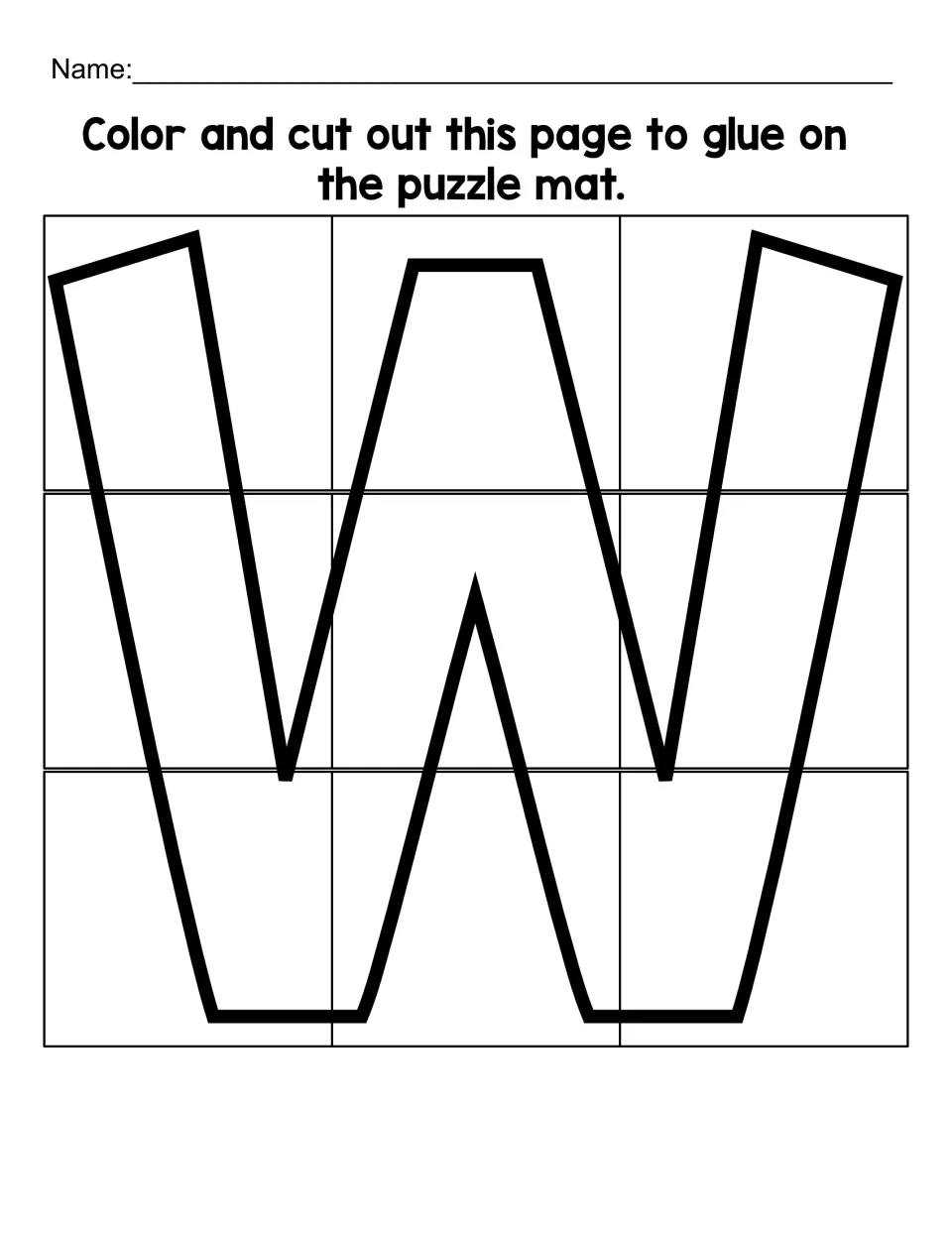 Uppercase W cut-out sheet with nine puzzle pieces to color, cut apart, and glue onto the matching puzzle mat