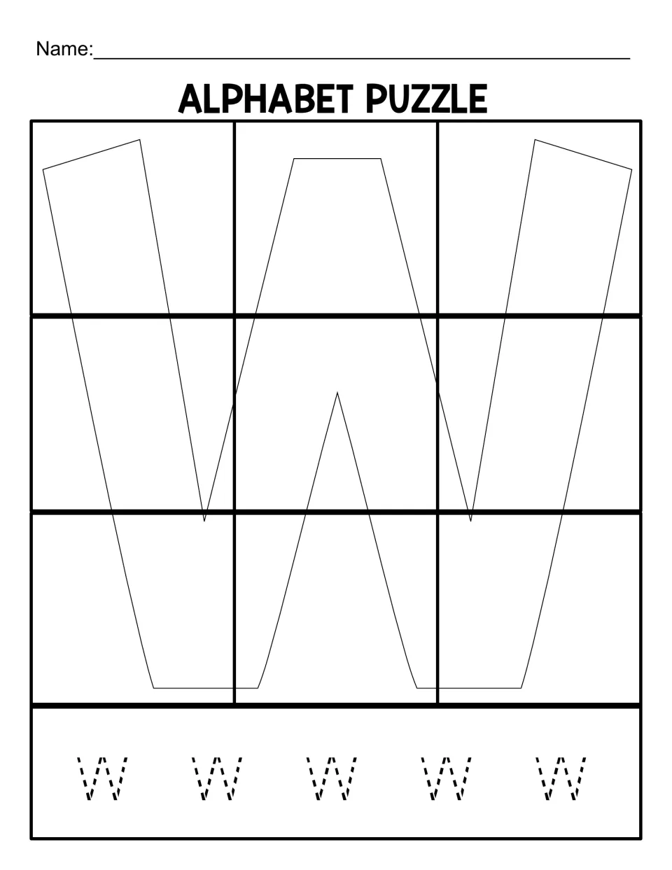 Lowercase w puzzle mat for matching nine cut-out pieces, with five small dotted w letters to trace below