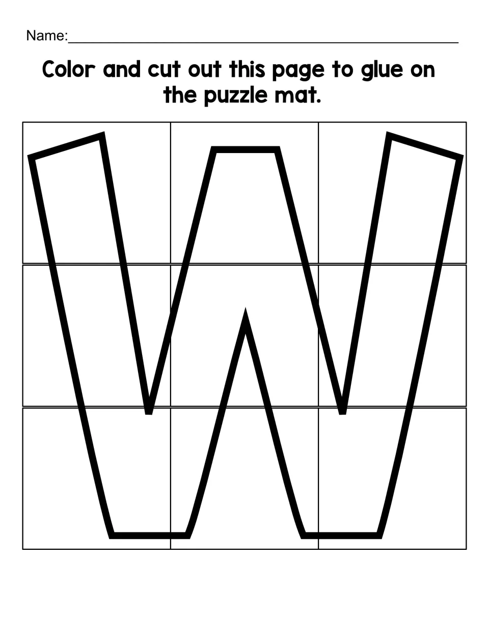 Lowercase w cut-out sheet with nine puzzle pieces to color, cut apart, and glue onto the matching puzzle mat
