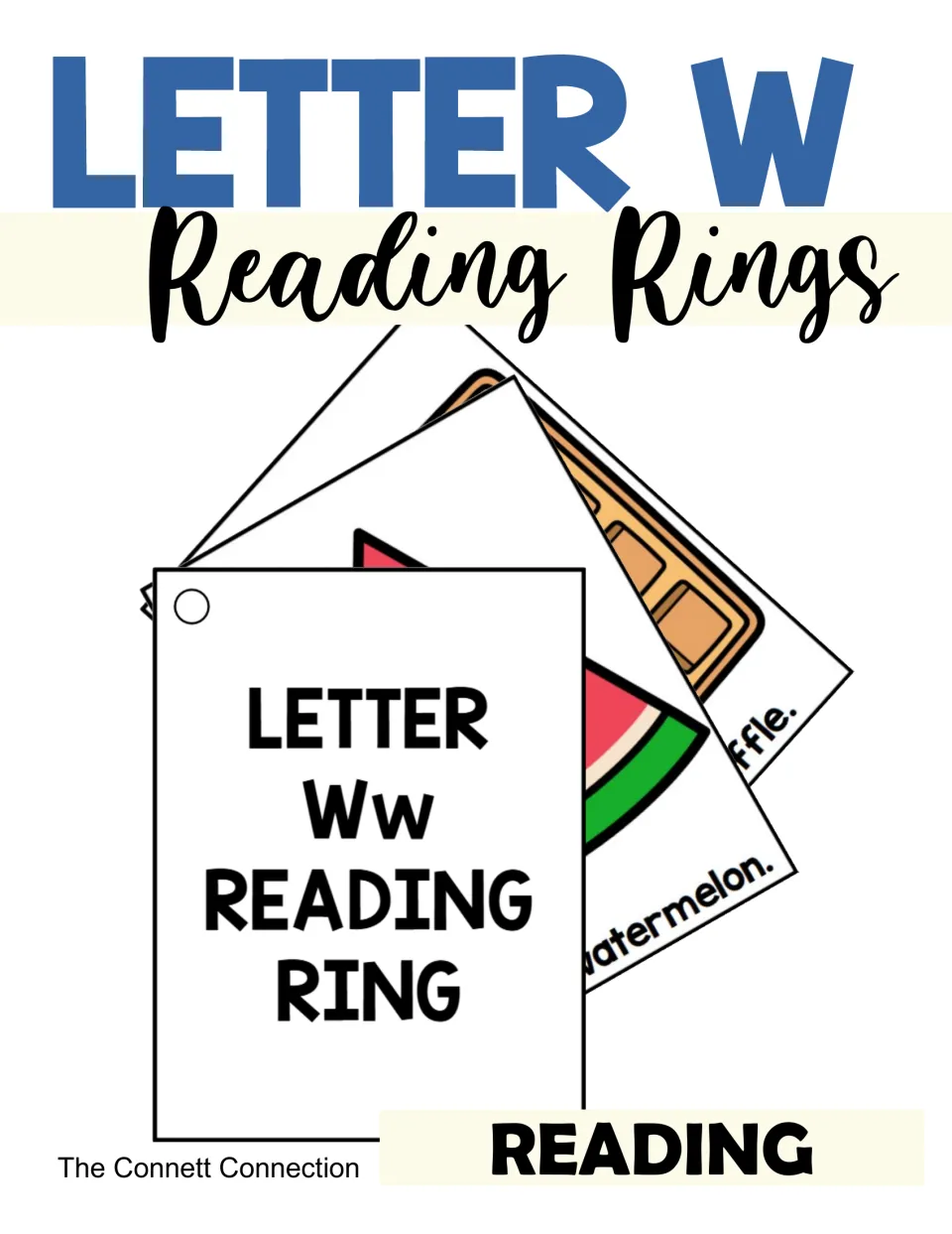 Letter W Reading Rings cover showing fanned cards: a Letter Ww title card plus watermelon and waffle picture cards