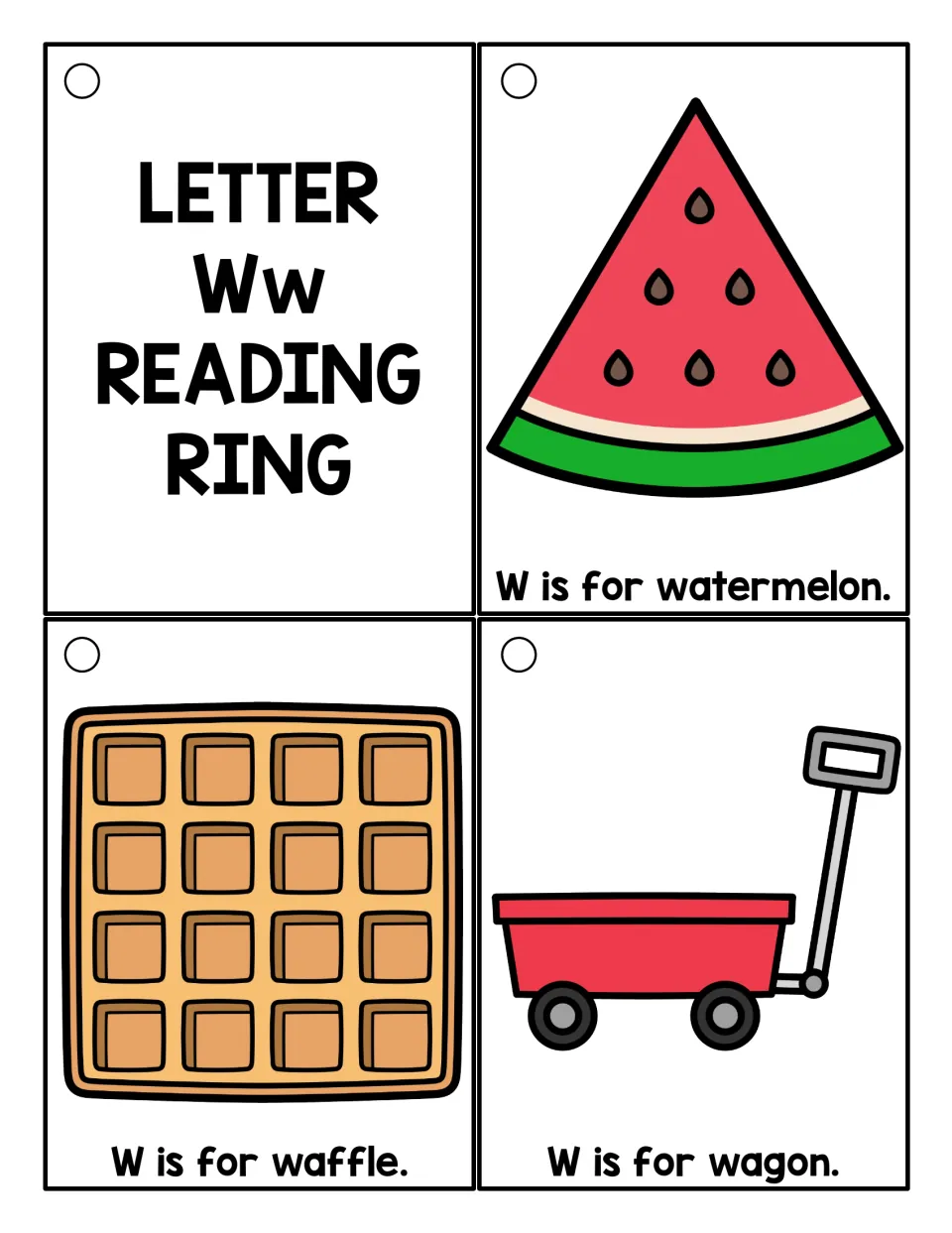 Letter W color cards: a Ww title card and sentences W is for watermelon, W is for waffle and W is for wagon with pictures