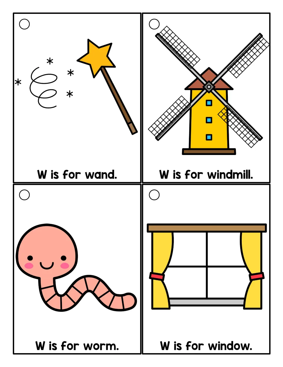 Letter W color picture cards for reading simple sentences: W is for wand, windmill, worm and window, each illustrated