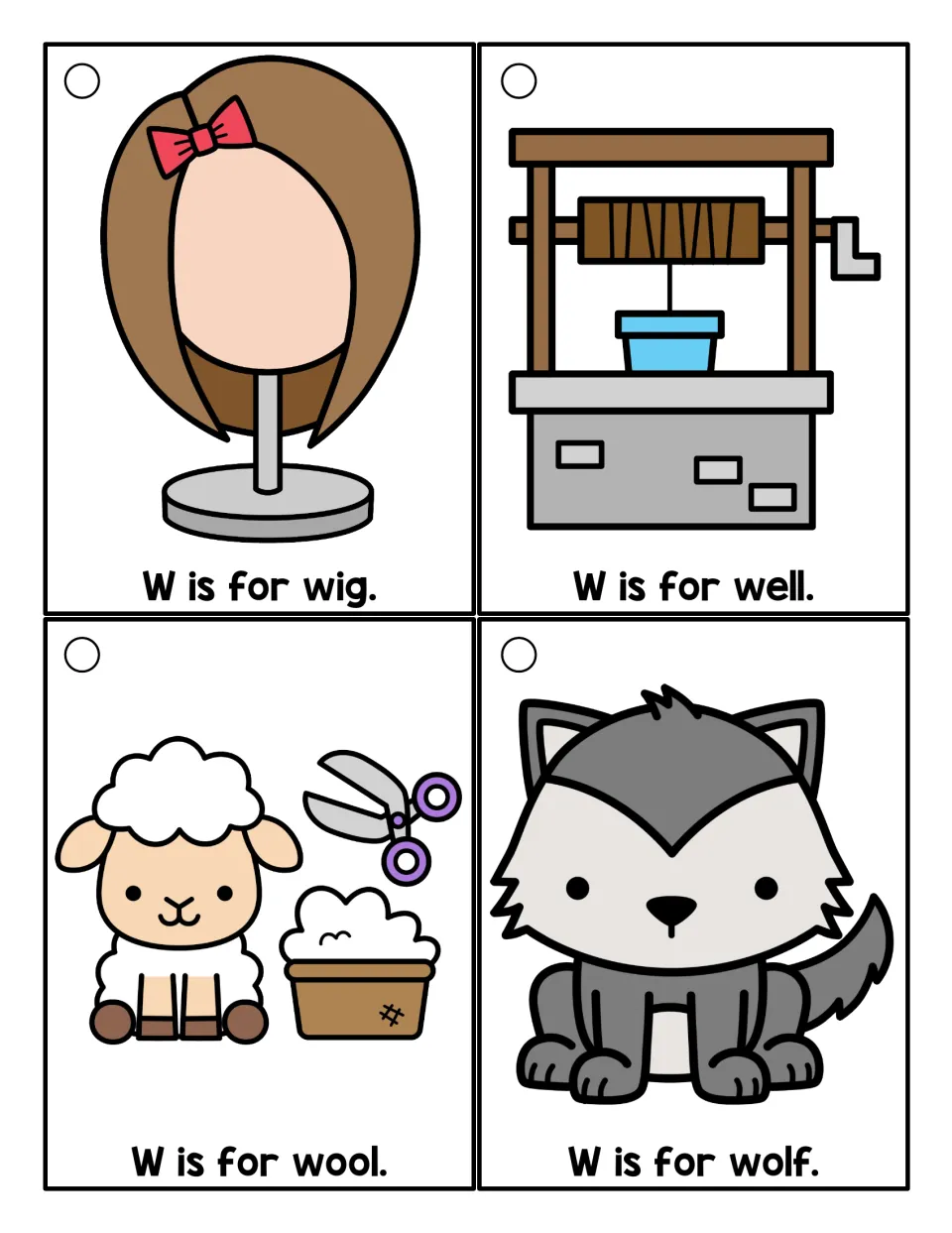 Letter W color picture cards practising beginning sound /w/: W is for wig, well, wool and wolf, each with an illustration