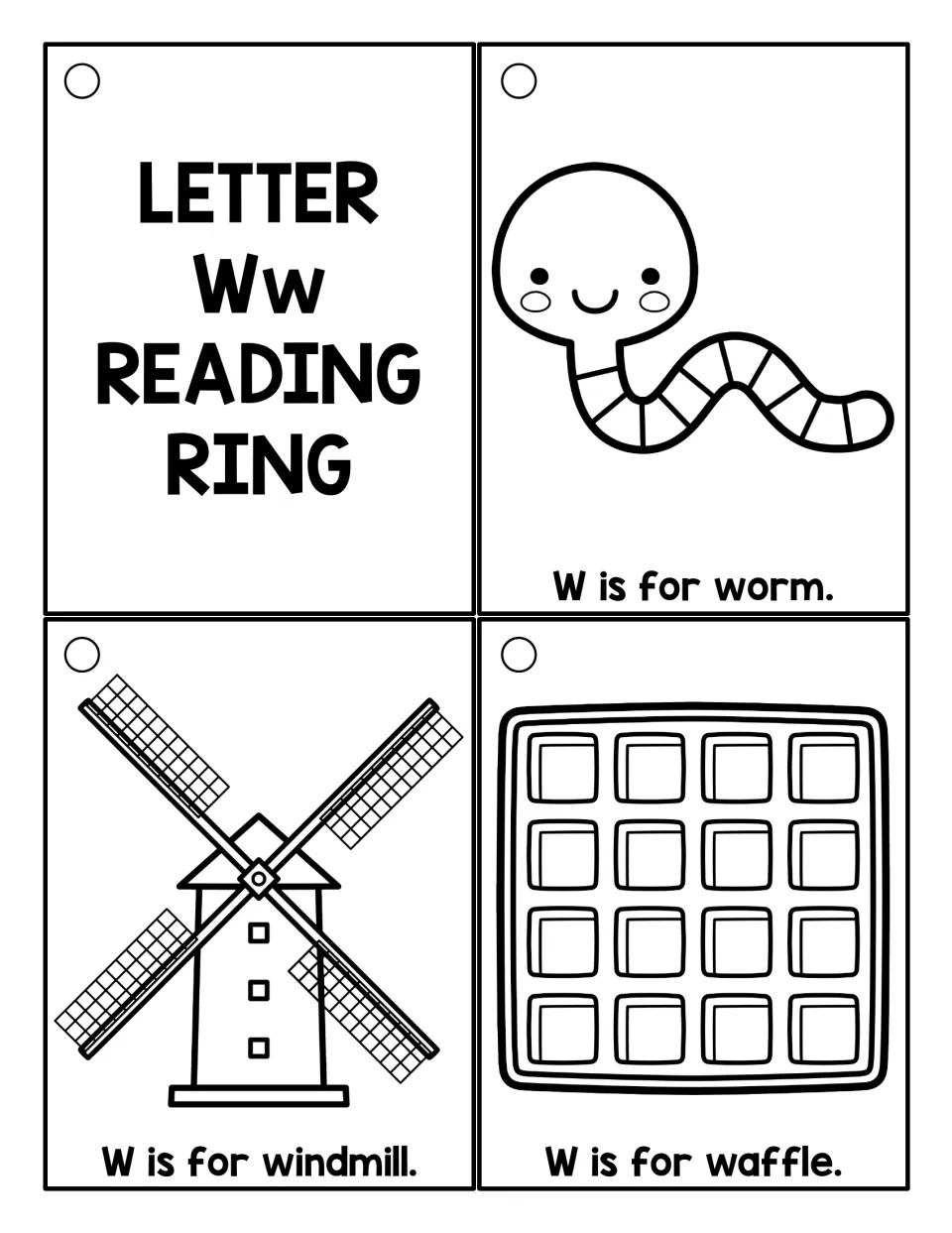 Black-and-white Letter W cards to color: a Ww title card plus W is for worm, W is for windmill and W is for waffle