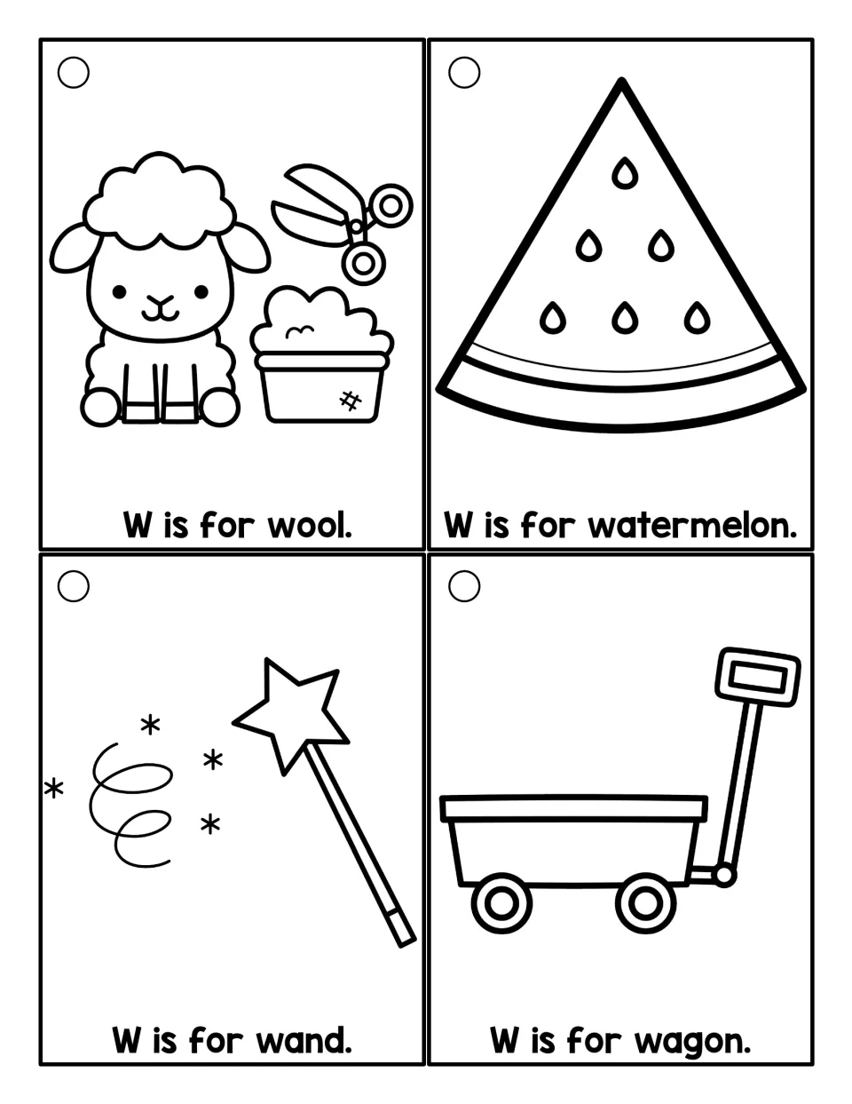 Black-and-white W word cards to color and read: W is for wool, W is for watermelon, W is for wand and W is for wagon
