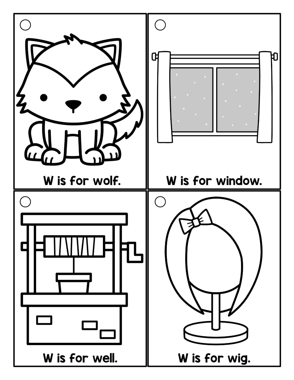 Black-and-white /w/ sound cards to color: W is for wolf, W is for window, W is for well and W is for wig, as line drawings