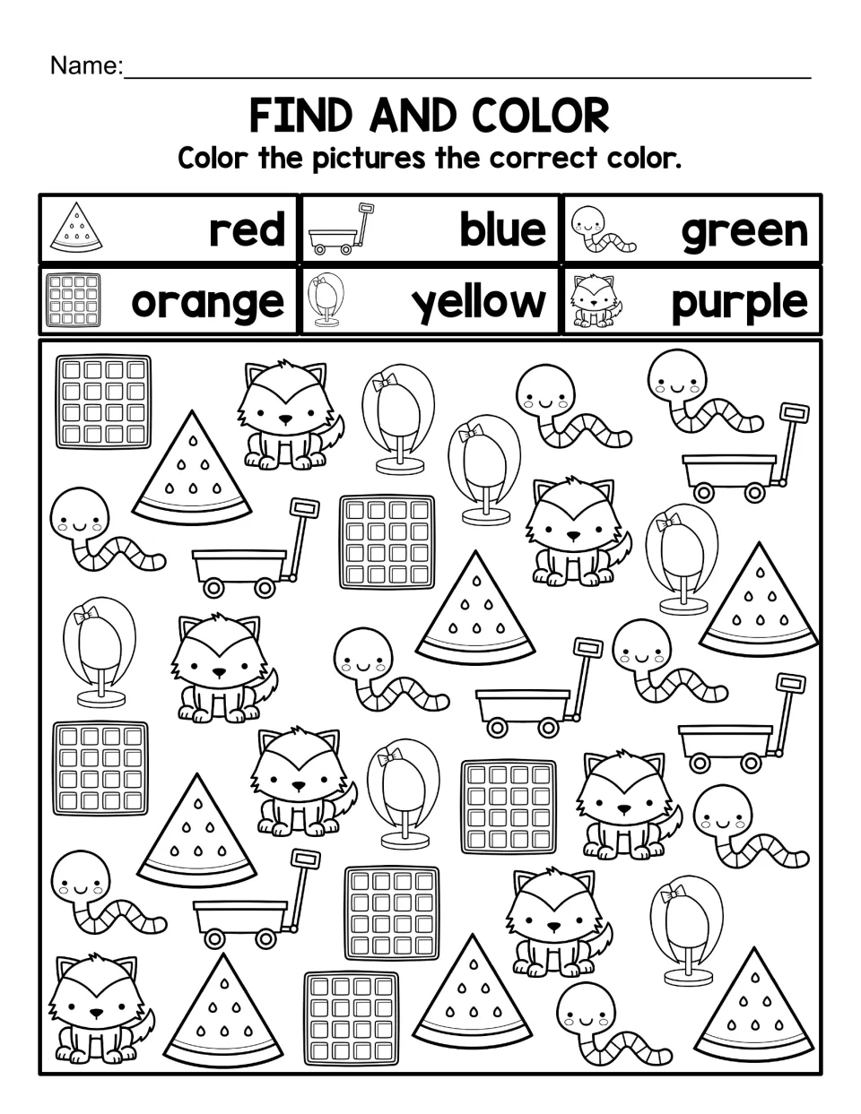 Find and Color: students color each W picture by the key, such as red watermelons, blue wagons, green worms, purple wolves