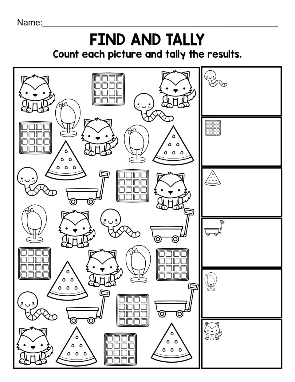 Find and Tally: students count the wolves, waffles, watermelons, wagons, wigs and worms, then tally each in its box