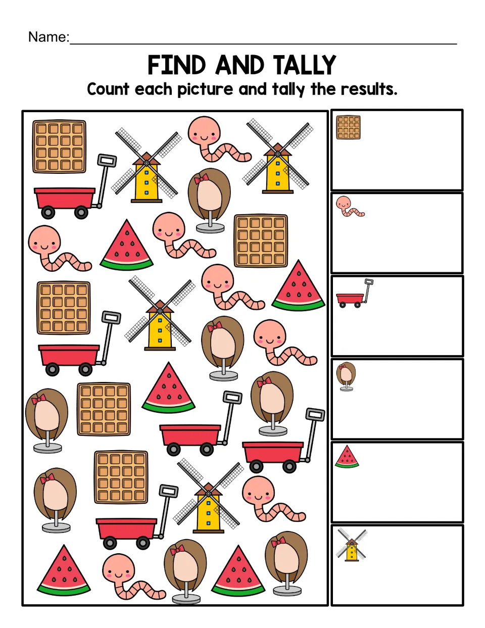 Find and Tally in color: students count waffles, worms, wagons, wigs, watermelons and windmills and record tally marks