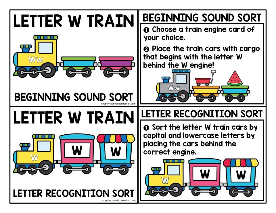 Letter W train center cards: titles and directions for a beginning sound sort and a capital and lowercase W letter sort