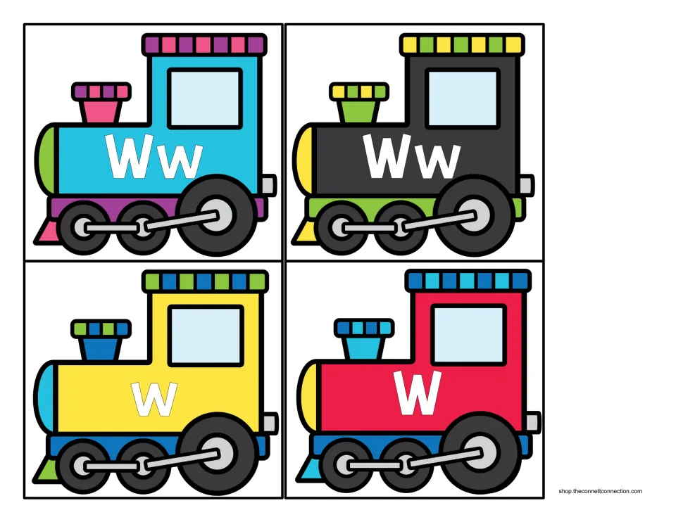Cut-out train engines: two labeled Ww, one with a capital W and one with a lowercase w for the letter recognition sort
