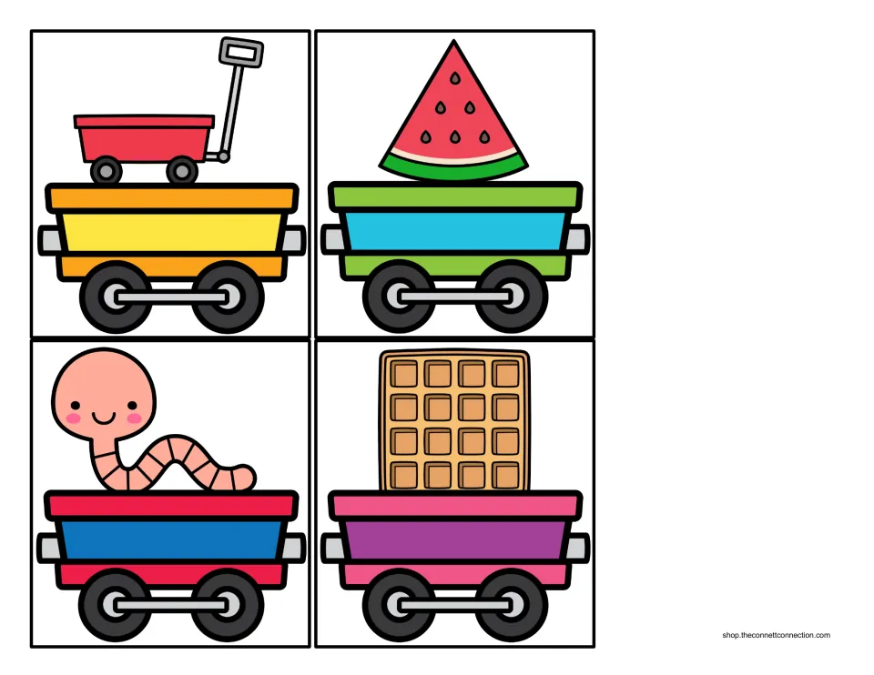 Cut-out train cars carrying a wagon, watermelon, worm and waffle; students match each picture to the W beginning sound