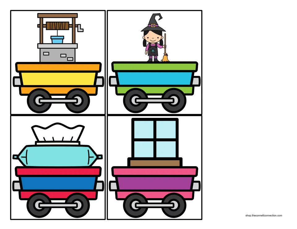 Cut-out train cars carrying a wishing well, witch, wipes and window for sorting pictures by the W beginning sound