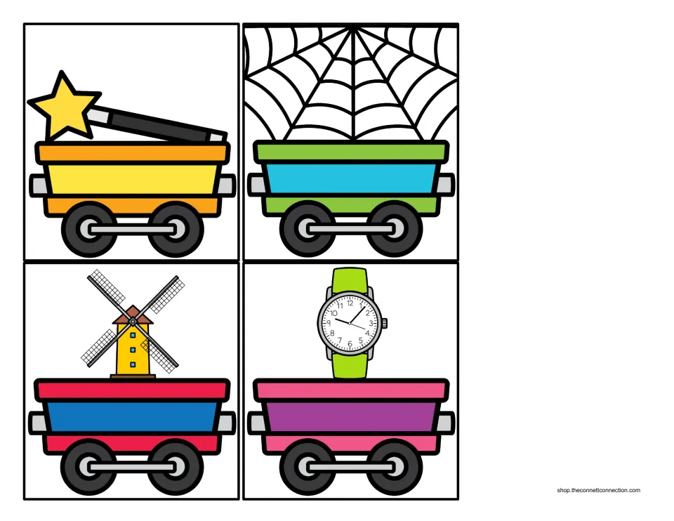 Cut-out train cars carrying a magic wand, spider web, windmill and wristwatch for the W beginning sound picture sort