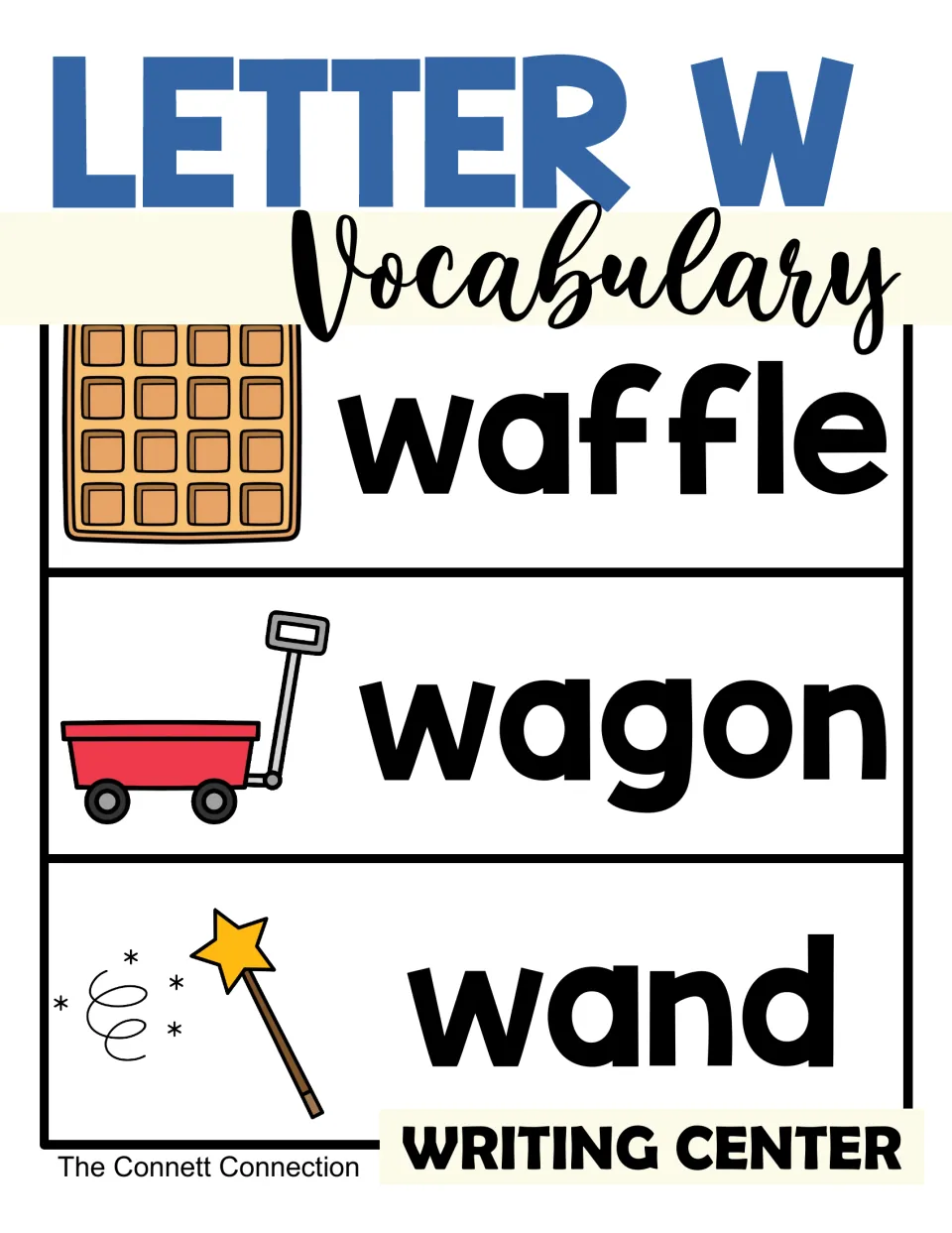 Letter W vocabulary resource cover featuring waffle, wagon, and wand picture cards and a writing center label