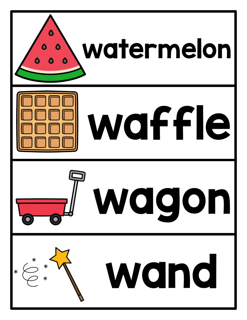 Letter W vocabulary cards 1–4: watermelon, waffle, wagon, and wand, each paired with a matching picture