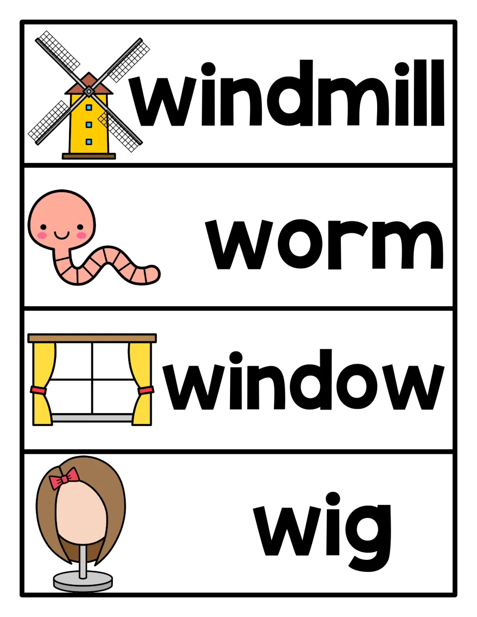 Letter W vocabulary cards 5–8: windmill, worm, window, and wig, each paired with a matching picture