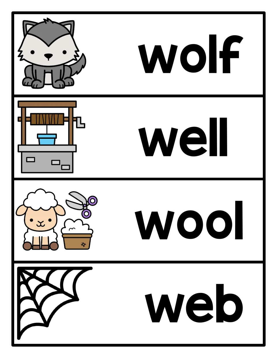 Letter W vocabulary cards 9–12: wolf, well, wool, and web, each paired with a matching picture