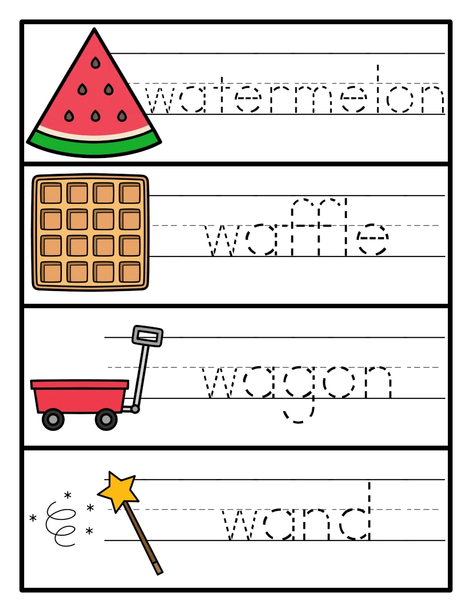 Letter W tracing cards 1–4: watermelon, waffle, wagon, and wand in dotted lettering with matching pictures