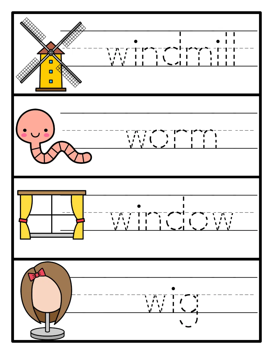 Letter W tracing cards 5–8: windmill, worm, window, and wig in dotted lettering with matching pictures
