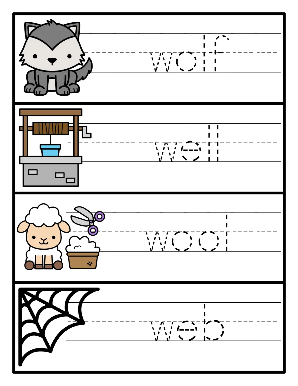 Letter W tracing cards 9–12: wolf, well, wool, and web in dotted lettering with matching pictures