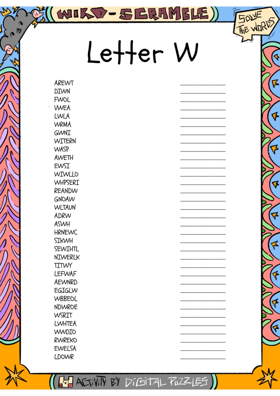 Letter W word scramble: students unscramble 35 jumbled W words such as AREWT, DIWN and FWOL and write each one
