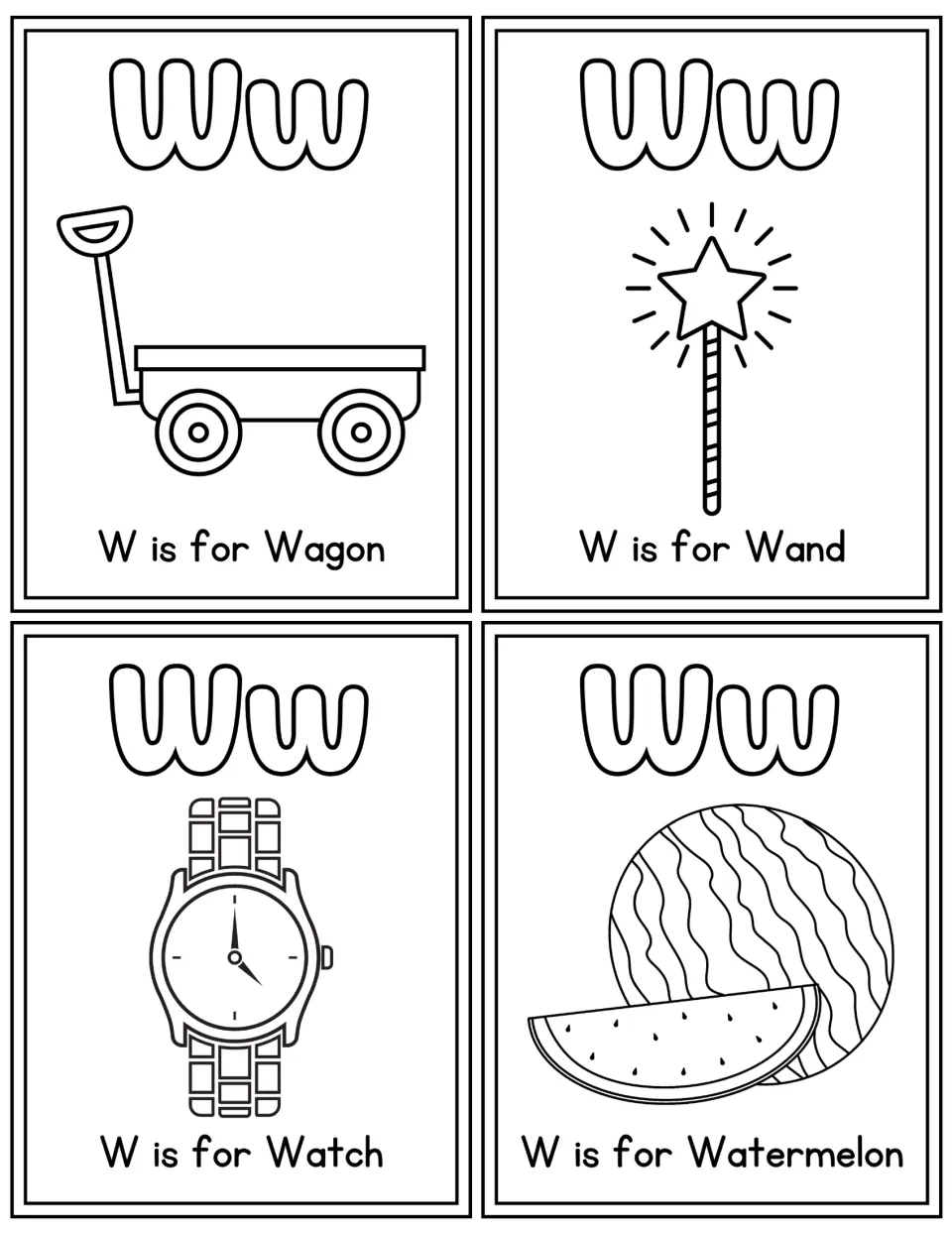 Letter W flashcards to color: bubble Ww above line art with W is for Wagon, Wand, Watch and Watermelon