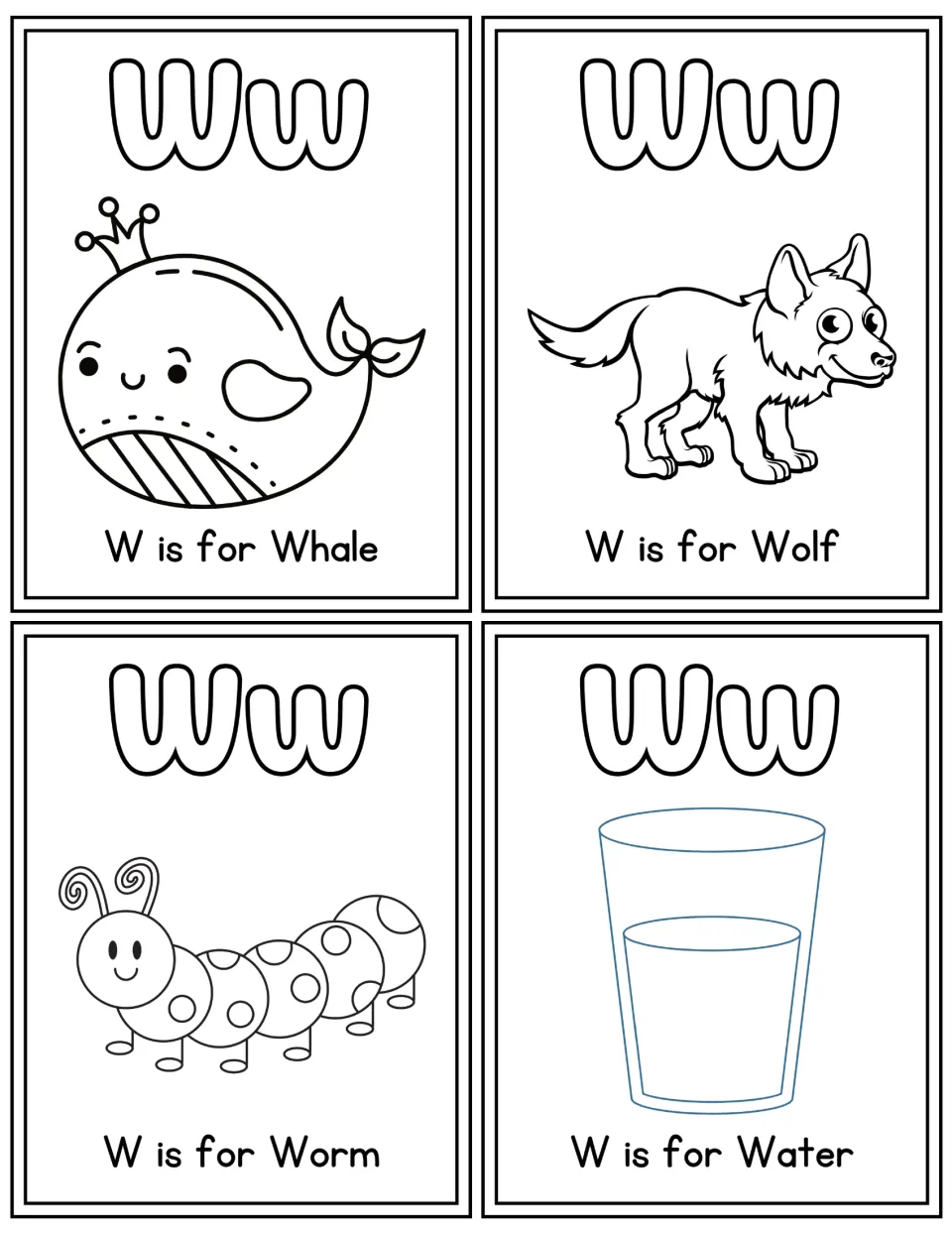 Letter W flashcards to color: outlined Ww over drawings labeled W is for Whale, Wolf, Worm and Water