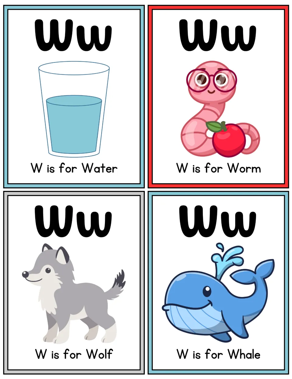 Color W flashcards: bold Ww with pictures of water, a worm, a wolf and a whale, each labeled W is for its word