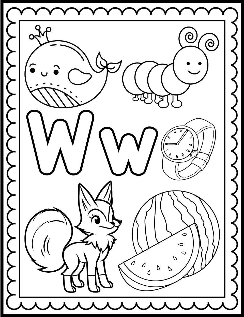 Letter W coloring page: large outlined W and w surrounded by a whale, worm, watch, watermelon and an animal