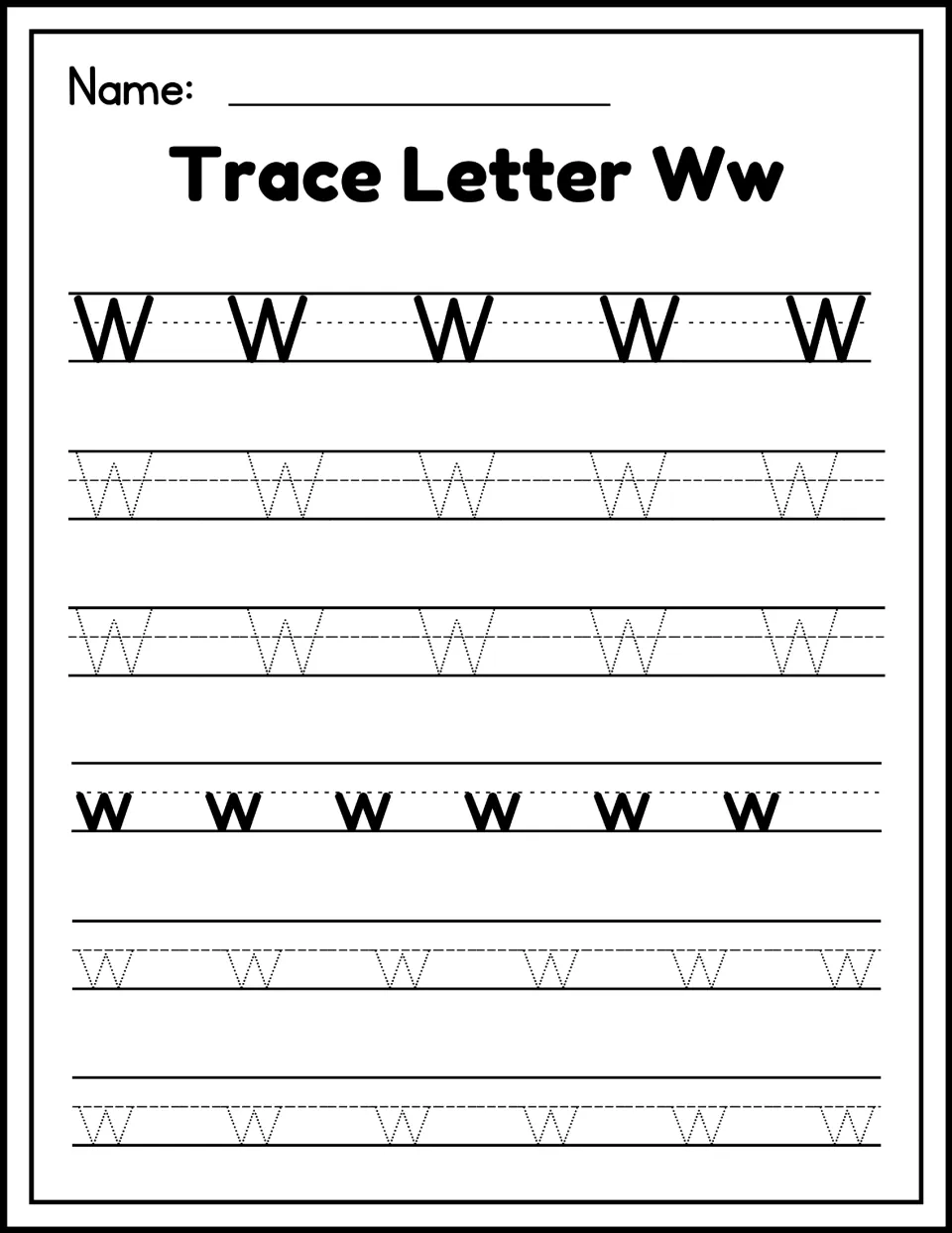 Trace Letter Ww: students trace rows of dotted uppercase W and lowercase w after a solid model row for each
