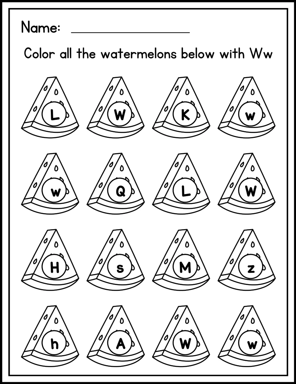 Letter recognition: students color every watermelon slice showing W or w and skip other letters like L, K and Q